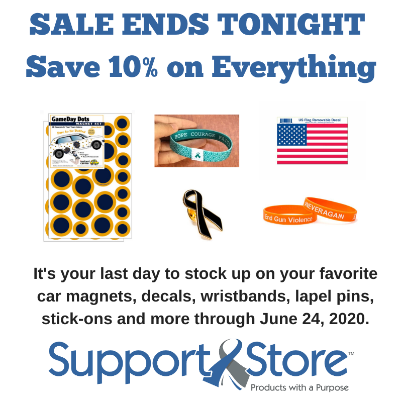SupportStorePwP's tweet photo. 48 Hour Sale ends tonight! Stock up on your favorite awareness products today to Shout Out What You Care About. Shop now: https://t.co/uSSf1aNs8i
#carmagnets #lapelpins #wristbands #driveby #birthday #graduation #4thofjuly #blacklivesmatter #shoutoutwhatyoucareabout #supportstore https://t.co/42iD2V8o6H