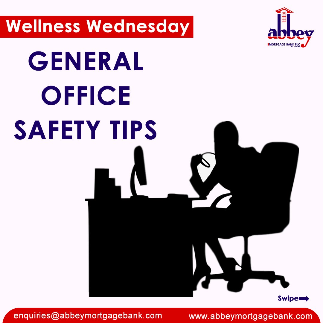 AbbeyBankplc's tweet photo. Staying alert and thinking ahead can help minimize the risk at the workplace. Here are a few office safety tips to help you stay safe and work smart. 

#WellnessWednesday #Fitness #Wellness #HealthyLifestyle #OfficeSafetyTips #AbbeyCares #StaySafe https://t.co/46jtLbVwGG