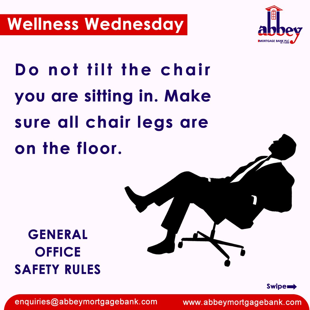 AbbeyBankplc's tweet photo. Staying alert and thinking ahead can help minimize the risk at the workplace. Here are a few office safety tips to help you stay safe and work smart. 

#WellnessWednesday #Fitness #Wellness #HealthyLifestyle #OfficeSafetyTips #AbbeyCares #StaySafe https://t.co/46jtLbVwGG
