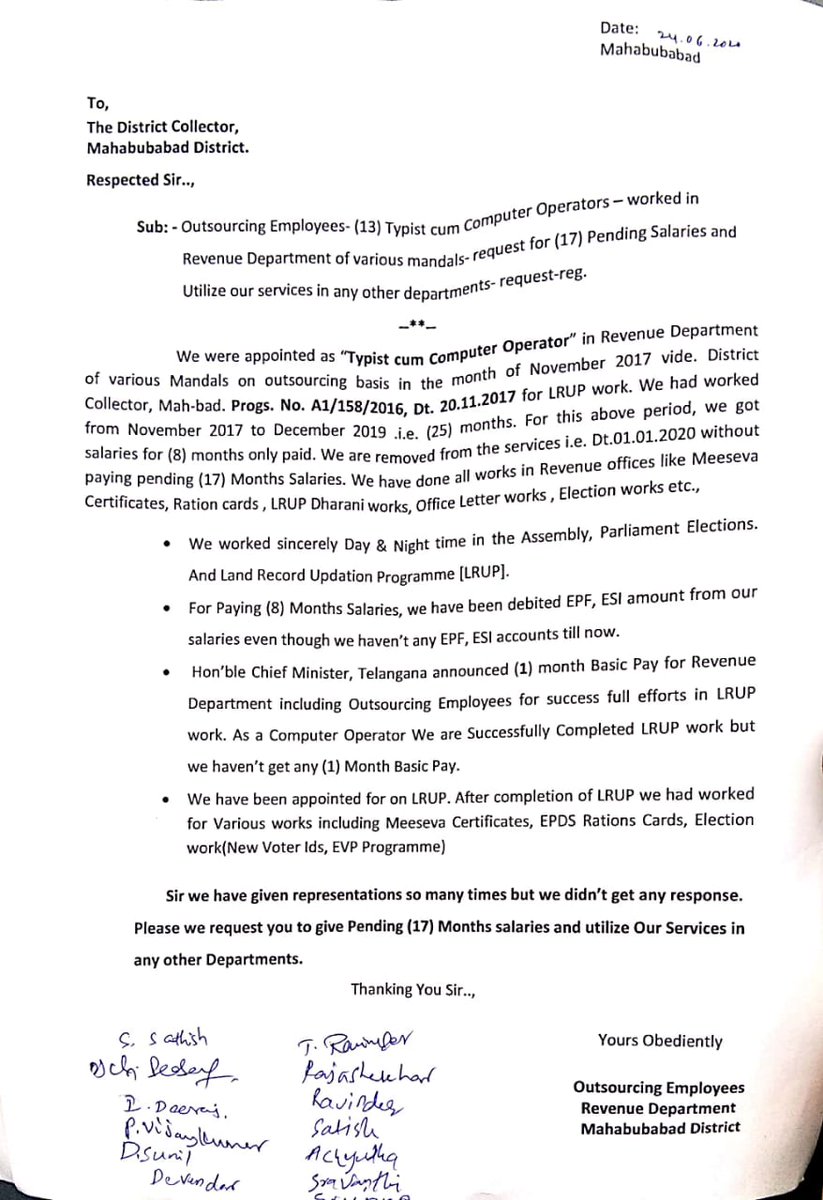 mrjchary's tweet photo. @Collector_MBD @VpGautham_ias
Respected Sir.,
Sub: Pending Salaries of Outsourcing Employees. We r 13 Members Worked as Typist in Revenue Department Mah-bad Dist. We are removed from service&amp;not paying our(17) months salaries. So plese take action about our pending salaries. https://t.co/z8DyJea6d6