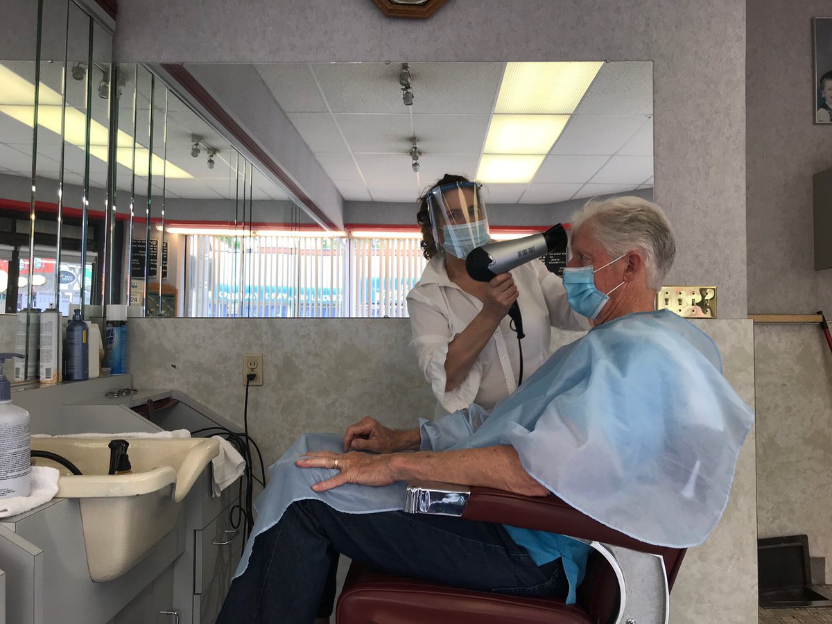 Nail salons, hair salons, barber shops are also taking customers today. This is the first customer at Kingsway Hair Design, Gordon Gardiner and shop owner Anna Hubbard just before 8 am. : Rene Johnston / Toronto Star  https://www.thestar.com/news/gta/2020/06/24/barber-shops-hair-salons-restaurants-malls-and-patios-reopen-in-toronto.html