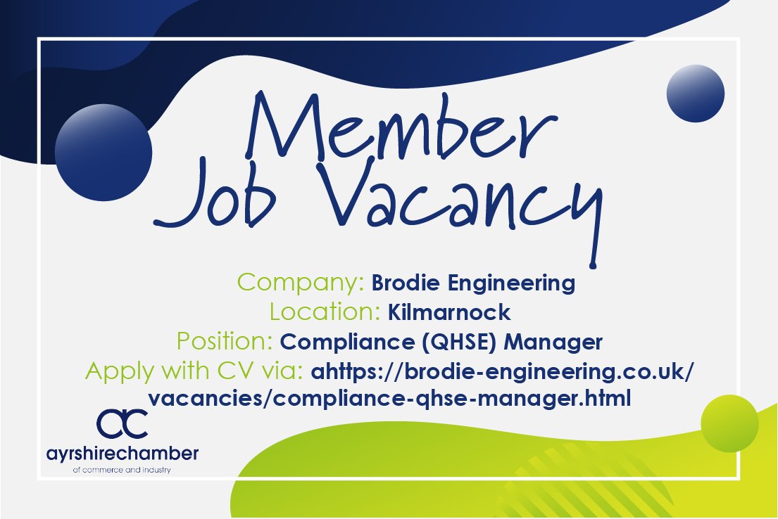 **MEMBER JOB VACANCY**

<a href="/BrodieEng/">Brodie Engineering Ltd</a> are looking to recruit a Compliance (QHSE) Manager for their hardworking Kilmarnock team. 

Applications close:  14/07/2020

Please apply via: brodie-engineering.co.uk/vacancies/comp…

#WellConnected