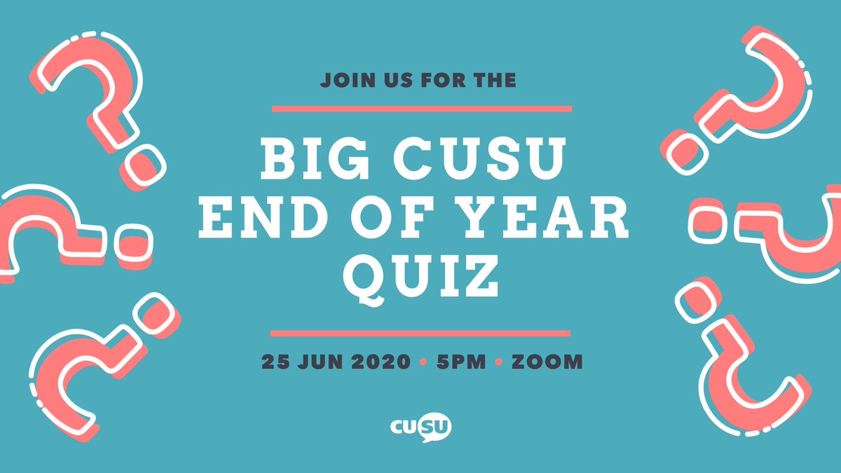 🎉To celebrate the end of the academic year we're bringing you the Big CUSU End of Year Quiz! Take part with friends this Thursday at 5pm, to be in with the chance of winning a NOW TV subscription. More info on how to register can be found here ow.ly/jMW850AguLf