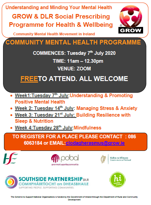 SSP_DLR's tweet photo. The DLR Social Prescribing Programme for Health &amp; Wellbeing at Southside Partnership DLR in collaboration with @GROW_Ireland Mental Health Recovery are going to jointly run a FREE 4-week virtual Community Mental Health Programme from July 7th 2020 #restoringthebalance  #holdfirm https://t.co/vJAgnKMyGH