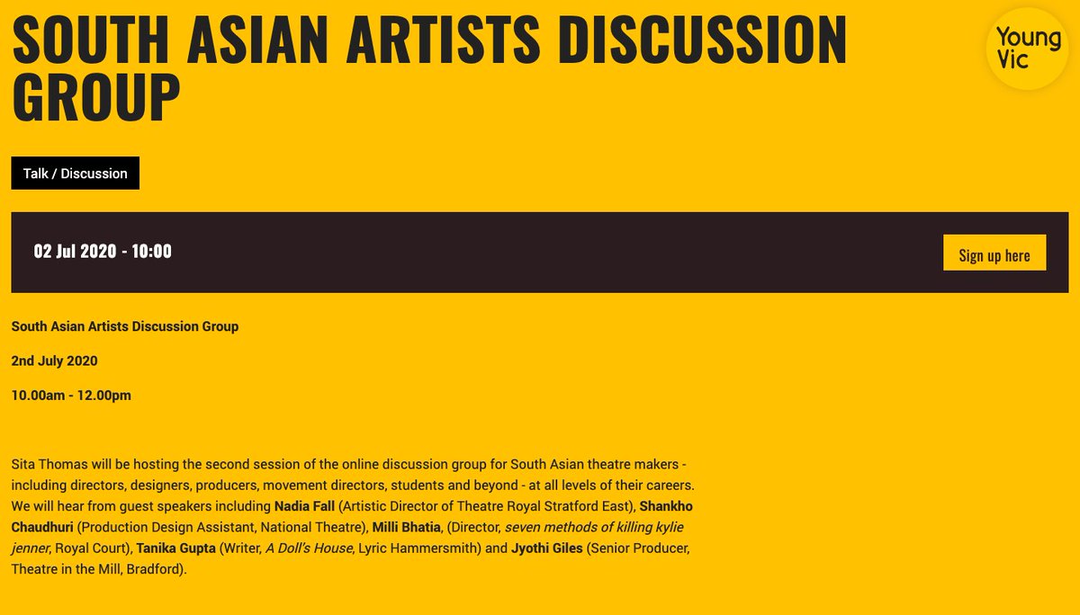 Dr Sita Thomas (@sitathomas5) on Twitter photo Thanks to everyone for a brilliant first session, our second South Asian theatre makers session is 2 July 10am-12pm.
Guest speakers include Nadia Fall, <a href="/ShankhoC/">Shankho</a>, @chamelibhatia, <a href="/Tanika_Gupta/">Tanika Gupta</a>, <a href="/JyothiGiles/">Jyothi Giles</a>. Can't wait to see you there!
Sign up here: bit.ly/3fSvPGj Thanks to everyone for a brilliant first session, our second South Asian theatre makers session is 2 July 10am-12pm.
Guest speakers include Nadia Fall, <a href="/ShankhoC/">Shankho</a>, @chamelibhatia, <a href="/Tanika_Gupta/">Tanika Gupta</a>, <a href="/JyothiGiles/">Jyothi Giles</a>. Can't wait to see you there!
Sign up here: bit.ly/3fSvPGj