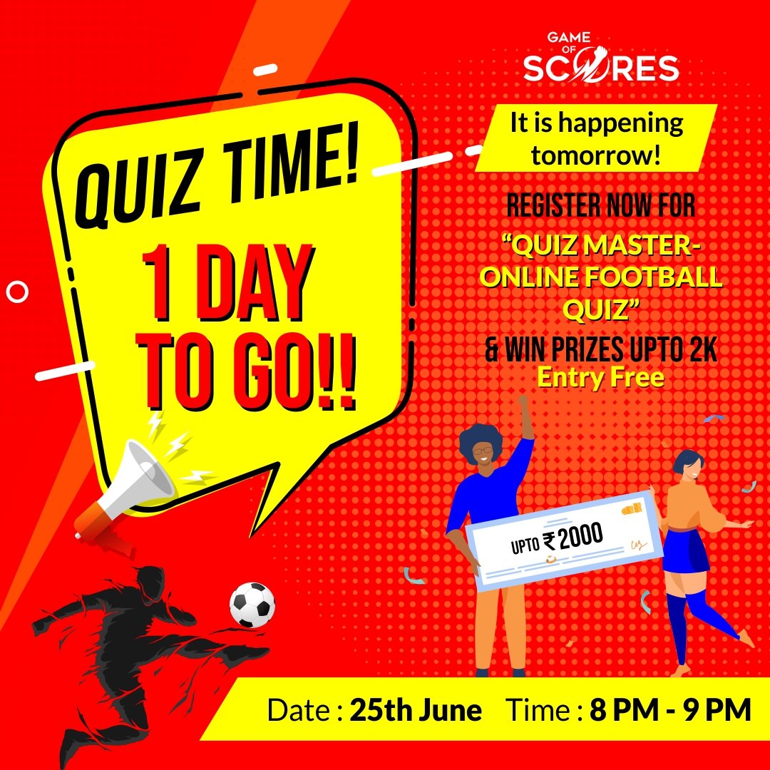 SportWizzleague's tweet photo. It is happening tomorrow !! Just 1 day to go!

Register today! https://t.co/Eum7qxqdi4

You will receive the link to the game after you register.
Date: 25th June l Time : 8 PM - 9 PM IST

ENTRY FREE 😄

#QuizTime #SoccerLover #QuizMaster https://t.co/uiqaVt1GQa