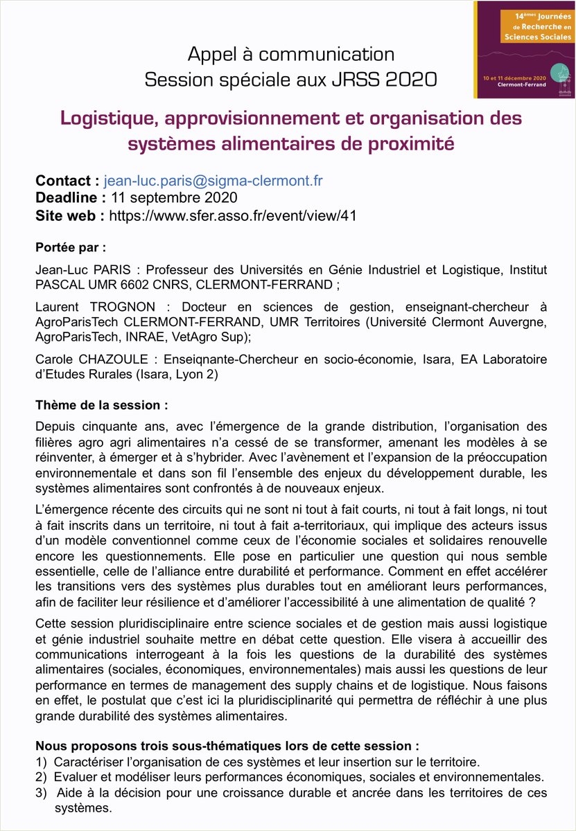 ProgrammeTETRAE's tweet photo. #Appel à communication lancé par le projet #PSDR #SYAM pour une session spéciale sur les #systèmes_alimentaires de #proximité aux #JRSS de décembre 2020.
Déposez votre proposition avant le 11 septembre. 
L’appel à com complet à télécharger sur 👉https://t.co/UObDp8L3sV
@TorreAndr https://t.co/57LfLjq7tA