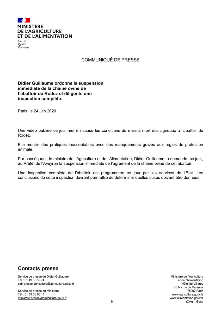 Agri_Gouv's tweet photo. Communiqué 📢 | Le ministre @dguillaume26 ordonne la suspension immédiate de la chaîne ovine de l’#abattoir de Rodez et diligente une inspection complète ⤵️ https://t.co/MyXZV12W77