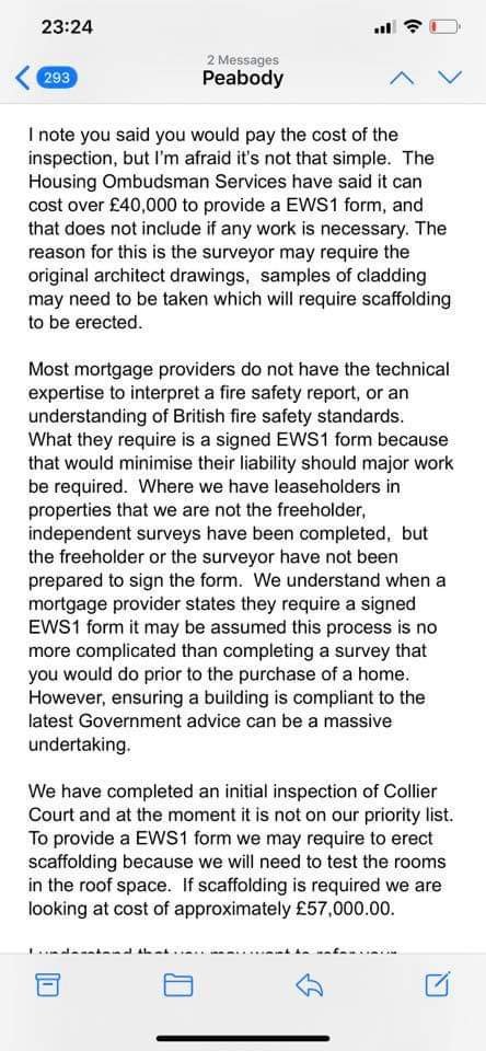 According to  @helloPeabody  @PeabodyLDN it will still take 10 years and up to £57000 just to carry out the initial EWS1 survey on our block. That's before remediations if required. Being told we are bottom of the list so we are just expected to live here for the next 10 years?