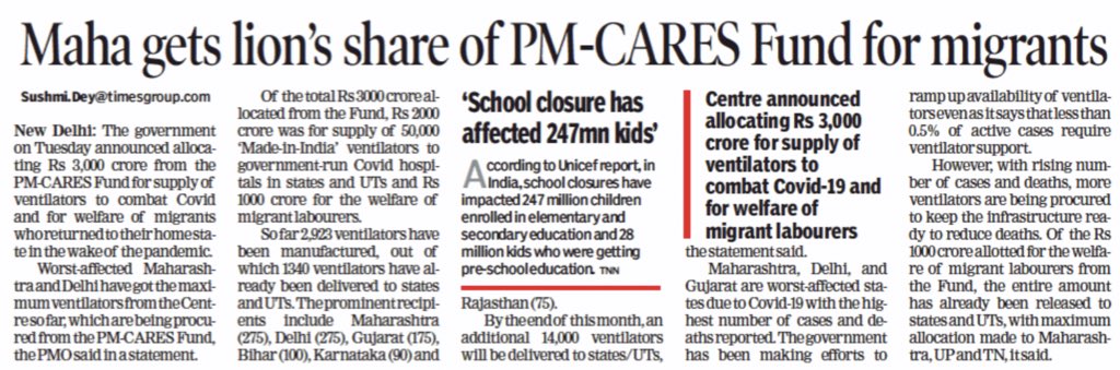 275 #MadeInIndia Ventilators and ₹181 crore for migrants
 
Maharashtra gets lion’s share of #PMCARES fund!

Big Thank you to Hon PM <a href="/narendramodi/">Narendra Modi</a> ji ! 

#IndiaFightsCorona