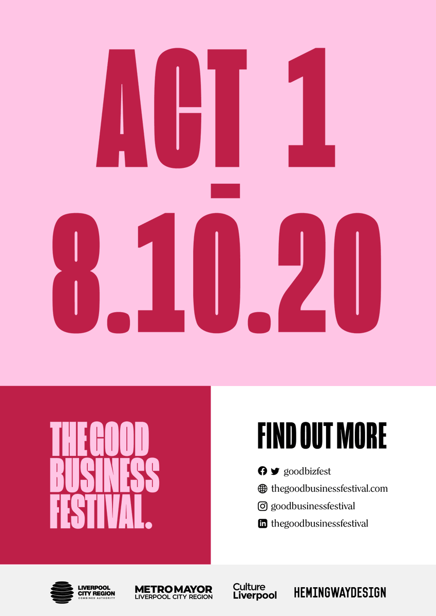 goodbizfest's tweet photo. We're very proud to announce the date for Act 1 of #TGBF: Thursday 8th October 2020, & our partnership with an incredible group of businesses to deliver #TheGoodBusinessFestival.
@ArupGroup @BCorpUK @BritishCouncil @BFC @CentreforCities @CocaCola @DCMS @edenproject @GreenpeaceUK https://t.co/vXQSavbUD4