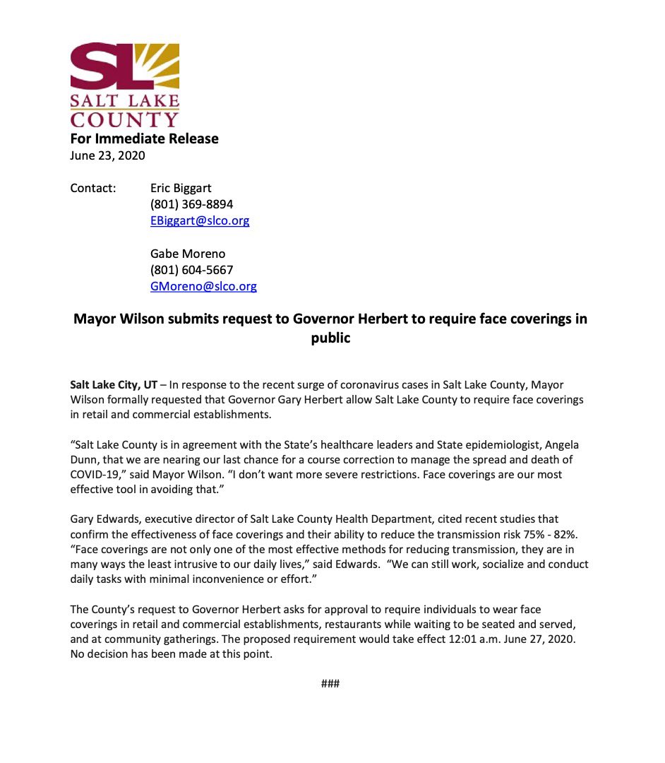 Mayor  @JennyWilsonUT sent this letter to the governor asking for the face mask requirement.In Mayor Wilson’s tweet she said “local govt must ask “permission” when COVID-19 health orders are more restrictive than the state’s.”