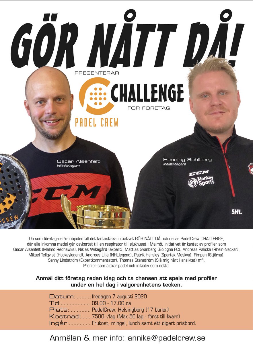 Nu är nästa steg för ”Gör nått då” planerat,padelturnering 7 aug.
Mycket padel, bra prisbord, goodiebag, kläder, frukost &amp; lunch, tillsammans med massa härliga profiler. Detta toppas sen med aktiviteter och auktioner. 

För direkt bokning. 
Mail: Annika@padelcrew.se