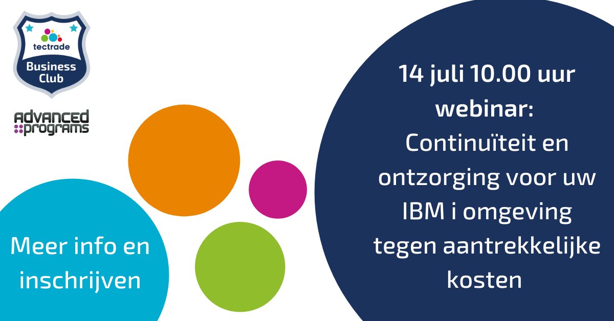 ttnlio's tweet image. Tectrade &amp;amp; Advanced Programs organiseren een webinar over de continuiteit en ontzorging van uw IBM i omgeving. Meer info &amp;amp; inschrijven: tectrade.nl/event/continui…

#TectradeNL #IBMi #Power