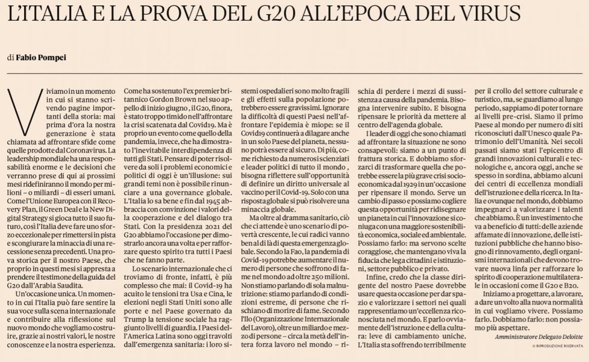 DeloitteItalia's tweet photo. Oggi su @sole24ore Fabio Pompei, CEO #DeloitteItalia, apre il dibattito sulle responsabilità dell’Italia come presidente del #G20 nel 2021. Un’opportunità unica per tutto il sistema Paese. L’Italia e Deloitte sono pronte a fare la propria parte. #ImpactThatMatters #ImpactForItaly https://t.co/jnOmnUBj1d