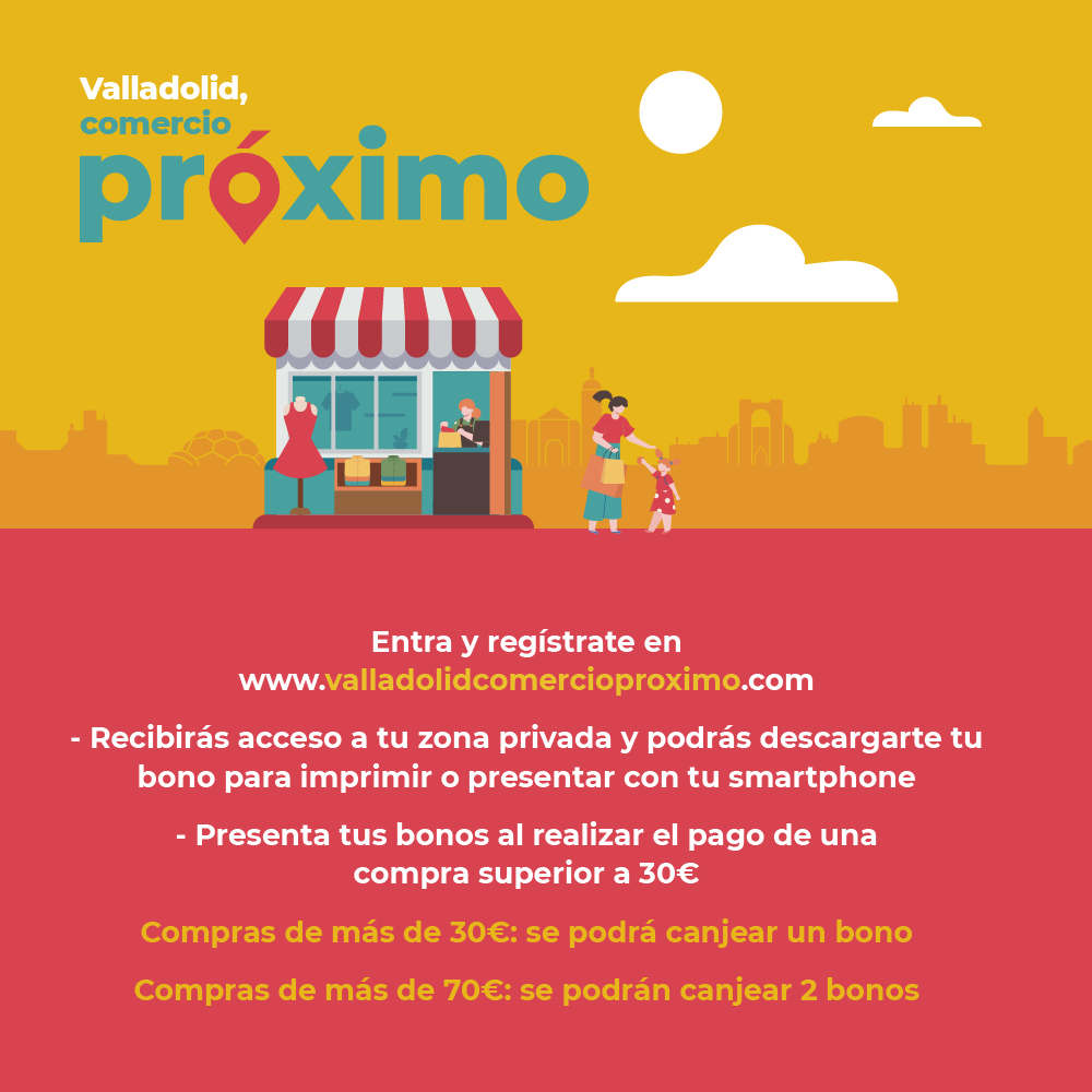 AyuntamientoVLL's tweet photo. El #BonoPróximo de Valladolid tiene muchas ventajas.

📱 ¿Cómo lo puedes conseguir?
👉Descárgalo en https://t.co/bTyUYFR2y2
👉Podrás conseguir 2 bonos de 10€ para tus compras a partir de 30€.
👉Presenta tus bonos al realizar el pago y se te hará el descuento de forma automática https://t.co/CICwmbiWuE