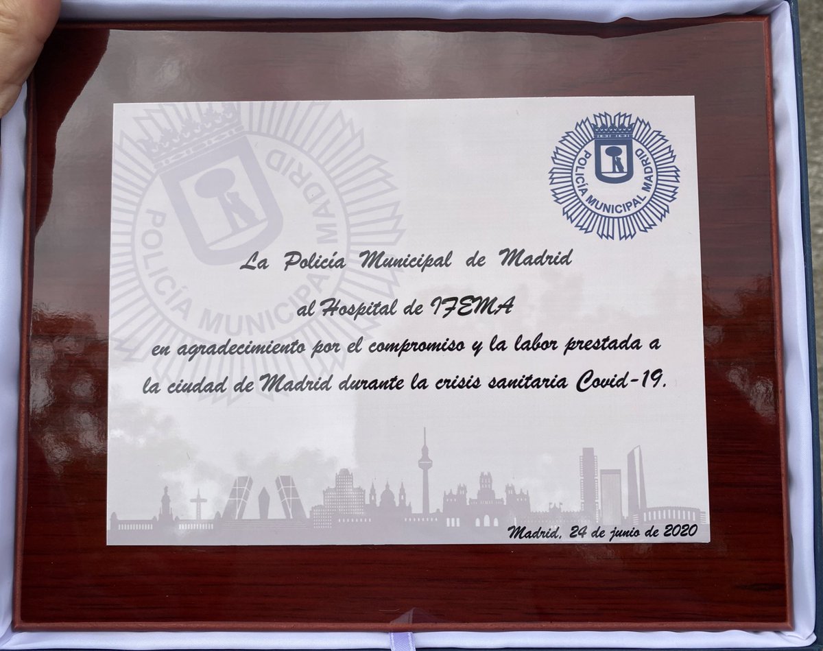 fpradosroa's tweet photo. Hoy, San Juan, Patrón de la Policía  Municipal de Madrid, en su acto de homenaje y agradecimiento han reconocido el trabajo #COVID__19 de diferentes hospitales y servicios de @SaludMadrid entre ellos #HospitalIfema. Gracias @policiademadrid @InmaSanzO @AlmeidaPP_ https://t.co/EvgMxRV9wx