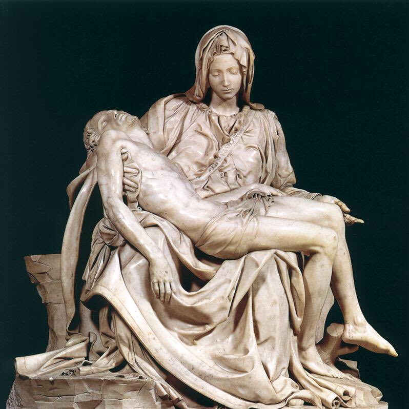 8/ La Pietà est un thème artistique qui représente la Vierge Marie pleurant le Christ qu'elle tient sur ses genoux. L’exemple le plus célèbre est 𝐿𝑎 𝑃𝑖𝑒𝑡𝑎̀ de Michel-Ange (1499).Giorno et Mista, tome 55, chapitre 515 (ce n’est pas la seule fois où la pose est reprise).