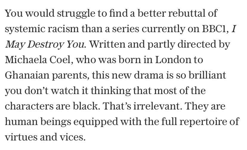 Hi  @allisonpearson the Blackness of the characters in  #IMayDestroyYou isn’t “irrelevant” This isn’t a time to not “see colour” Please further your learning.