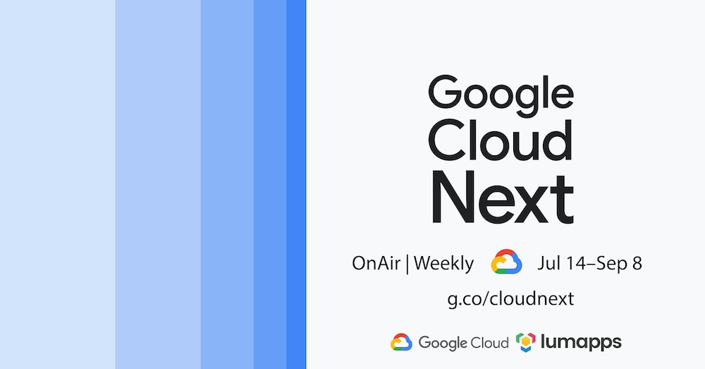 lumapps's tweet photo. Nothing can stop #GoogleCloudNext'20! 
#LumApps is proud to sponsor this global, digital, multi-week series, showcasing the latest in cloud technology and innovation.  
Join us and our partners at @googlecloud Next ’20 OnAir! Register for free --> https://t.co/PvaXQQSvlN https://t.co/HgNkiPtaD4