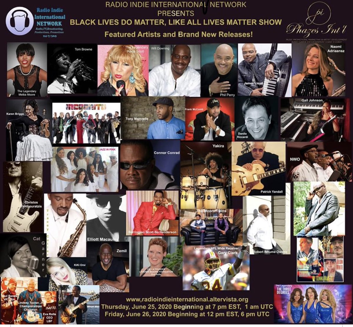 Join us, along with some of the 🔥 artists in the music industry on Radio Indie International’s “Black Lives Matter, Like All Lives Matter Show” 
on Thursday, June 25, 2020 at 6pm CST and Friday, June 26, 2020 at 11am CST  radioindieinternational.altervista.org