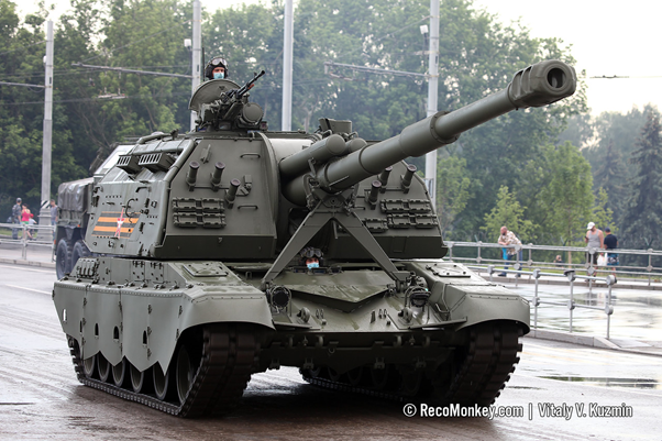 2S35 Koalitsiya-SV, 152mm 2A88 main gun can fire up to 18rds/min at a reach of 70-80km (RAP). FIuring system is microwave ignition, and turret is fully unmanned with a 70-round magazine. Based on a T-90 hull, though expected to emerge on Armata at some point.