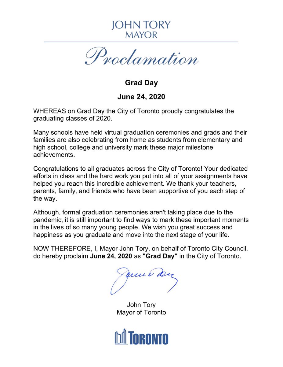JohnTory's tweet photo. Today is #GradDay in the @CityofToronto in an effort to celebrate and congratulate the graduating classes of 2020 from schools across our city. https://t.co/ZsG1fdzytJ