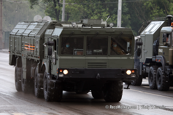 9P78-1 TEL for the 9K720 Iskander-M system. Iskander is a short-range ballistic and cruise missile system – SRBM version is SS-26 ‘Stone’ and cruise missile is the 9M729/SSC-8 GLCM.