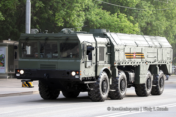 9P78-1 TEL for the 9K720 Iskander-M system. Iskander is a short-range ballistic and cruise missile system – SRBM version is SS-26 ‘Stone’ and cruise missile is the 9M729/SSC-8 GLCM.