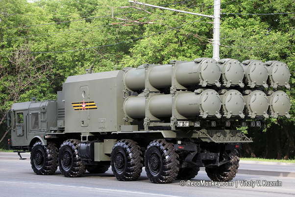 TEL for the 3K60 ‘Bal’ / SSC-6 'Sennight' coastal defence missile. The 670kg, 4.4m long Kh-35 missiles have a range of 130km, with Kh-35U reaching out to 260km @~Mach 0.8 and carry a 145kh HE penetrator warhead.