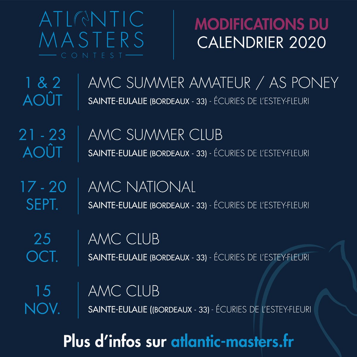 ContestMasters's tweet image. #CALENDRIER2020 📆

L’Atlantic Masters Contest vous propose 5 dates, allant du niveau club au niveau professionnel.

Plus d'infos sur notre site internet ➡️ atlantic-masters.fr

#AMC #Bordeaux #jumping #sport #equestrianlife #CSO #jumpinghorse #compétition #pro #event
