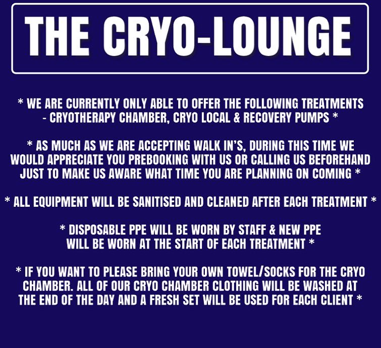 We will be reopening this Saturday! 10am - 3pm 🥶🙏🏼
Please help us spread the word! Guidelines to follow have been provided so please take a read 😊 

#cryotherapy #kent #sidcup #welling #recovery