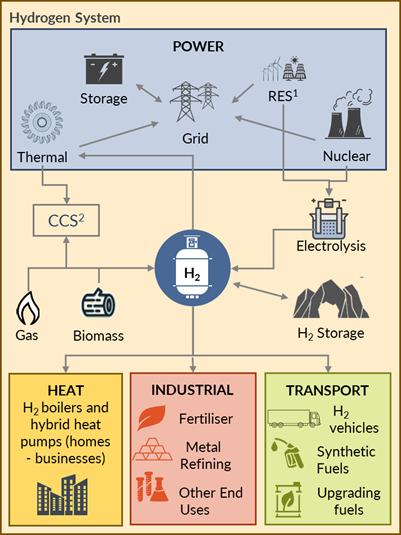 For anyone unfamiliar with the technology/terminology - (low carbon) hydrogen can be made through reformation of natural gas with carbon capture (blue hydrogen) or by using clean power to electrolyse water (green hydrogen), and then used in heating, transport or industry