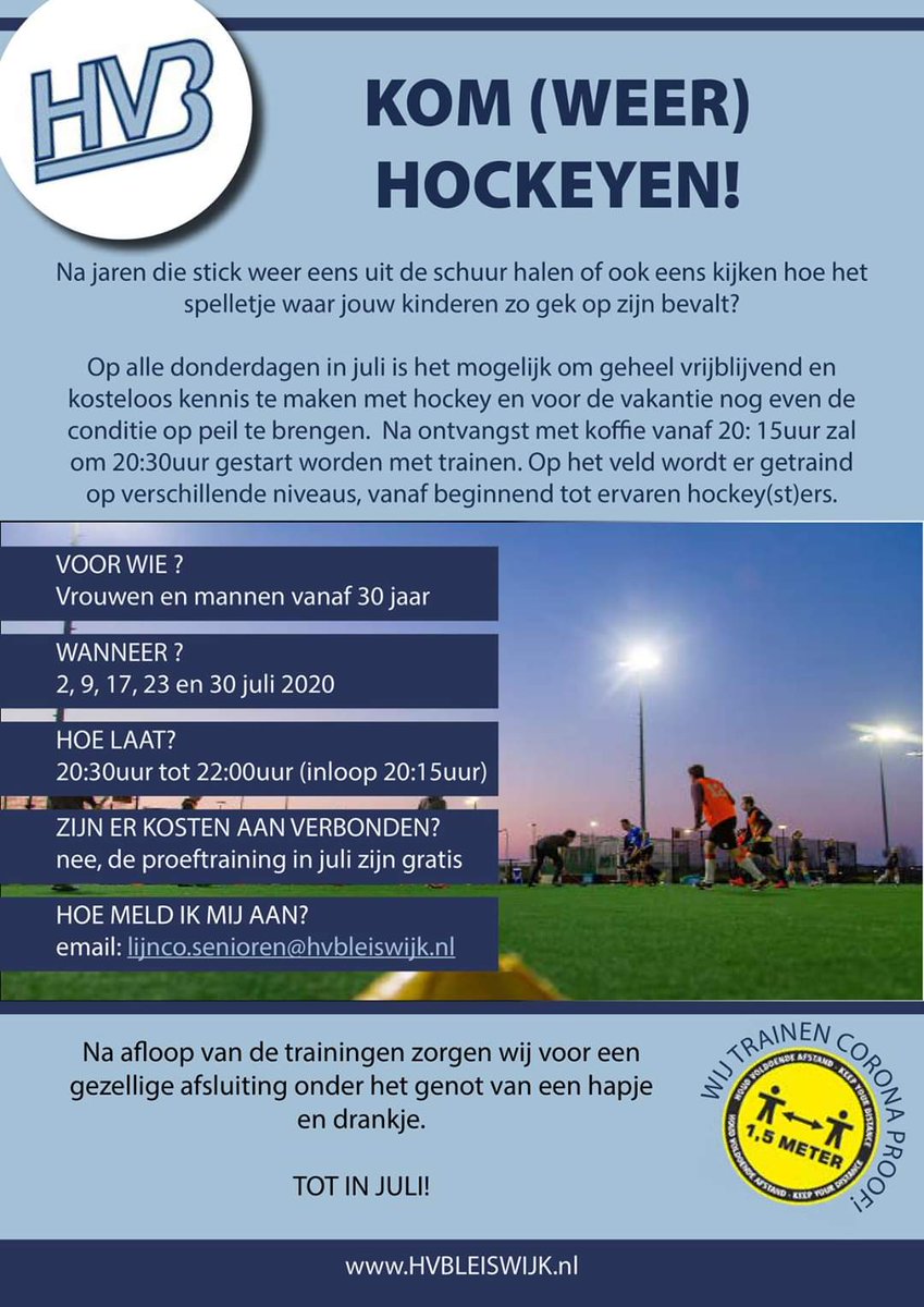 HVBleiswijk's tweet photo. In juli hebben we (corona proof) open trainingen voor Trimhockeyers, Dames en Heren Veteranen. Je bent elke donderdag in juli van harte welkom om 20:15 voor een kopje koffie. De training start om 20:30 uur. https://t.co/lYnYZZ0QSq