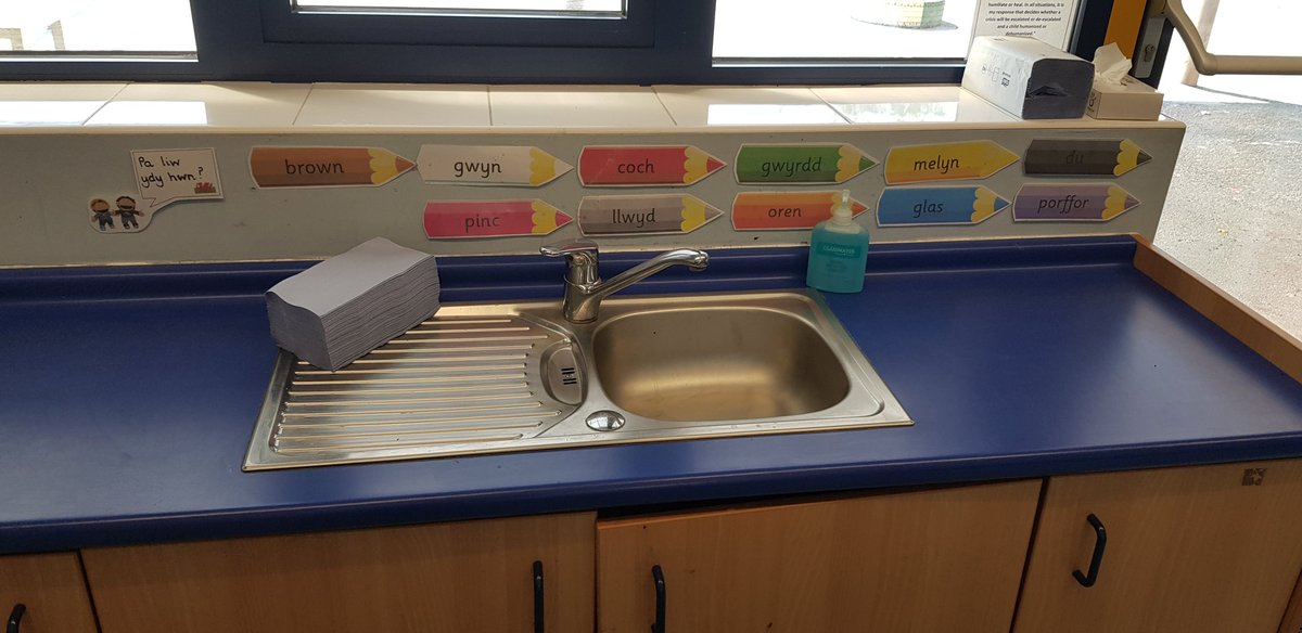 RhiwSyrDafydd's tweet photo. A little look at what one of Key Stage 2 classrooms will look like when pupils return to school. Entry through the fire door where hand sanitiser will be used.  Pupils will then wash their hands at the sink in the classroom. Chairs set up with current social distance measures. https://t.co/Xp8GYu9qCy