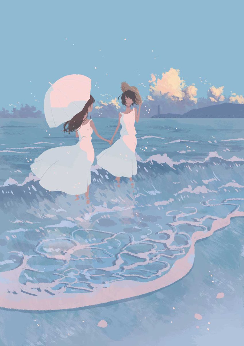 multiple girls 2girls dress white dress umbrella outdoors long hair  illustration images