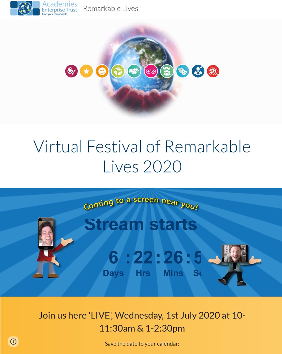 This time next week we will be joining other AET academies for the virtual festival of remarkable lives. We can’t wait! Take a peak at the timetable/guide for the day. #inspiretheirremarkable
@AETAcademies  #oneAET 

aetfestival.org