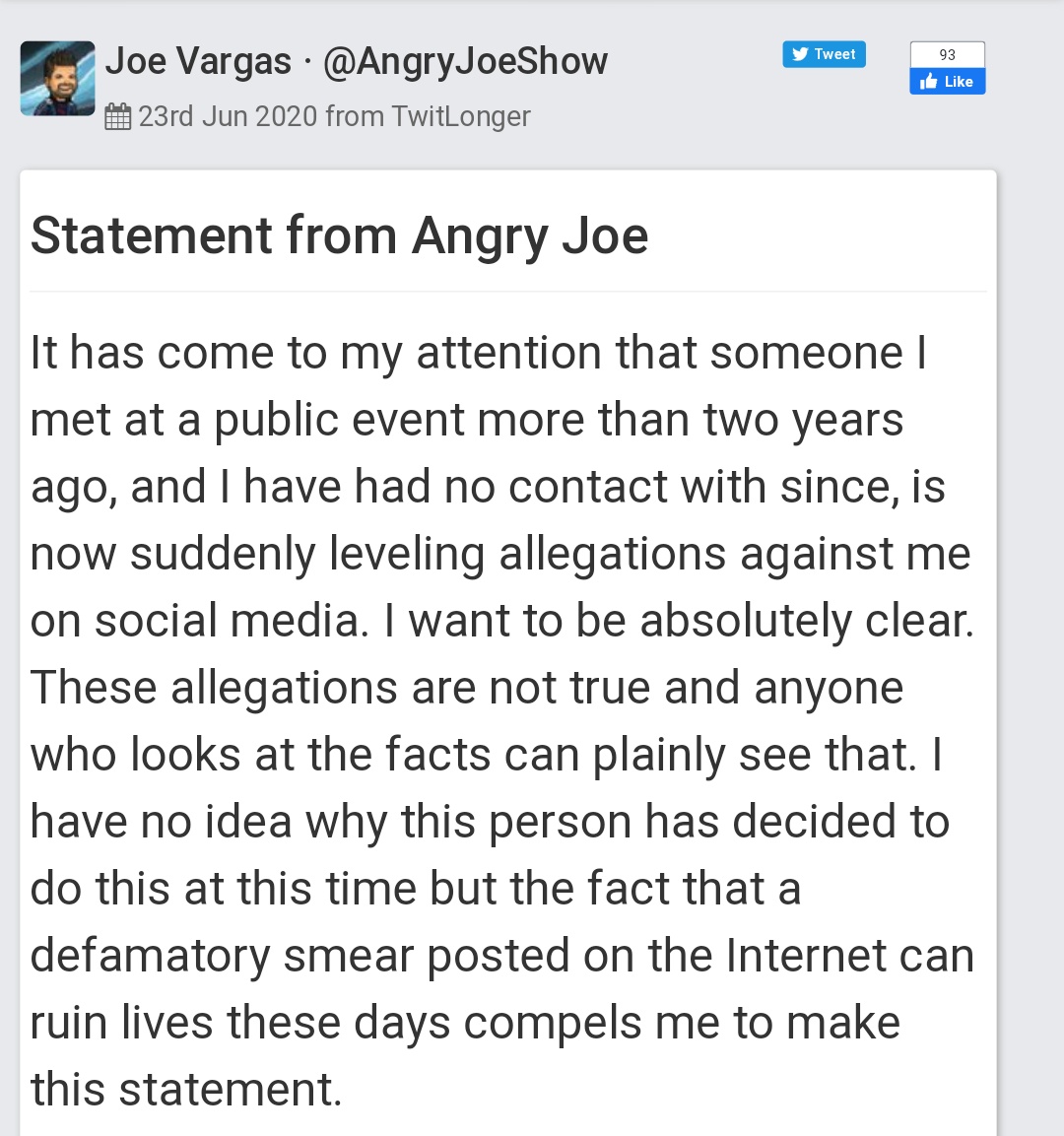 Here's a thread about people in gaming who've been accused of sexual misconduct/abuse who've denied the accusations.1. Angry Joe http://archive.fo/9mS2T 