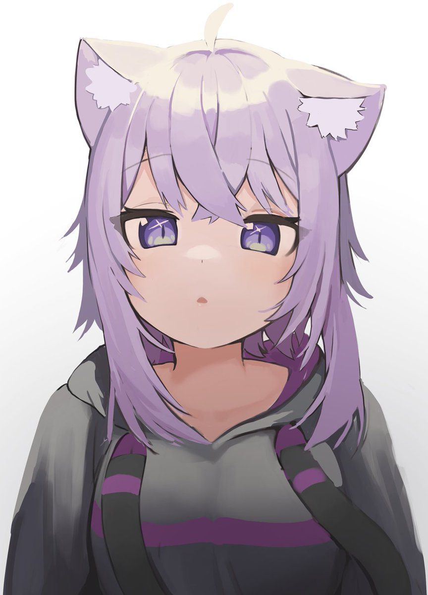 nekomata okayu 1girl animal ears cat ears solo hoodie purple hair hood  illustration images