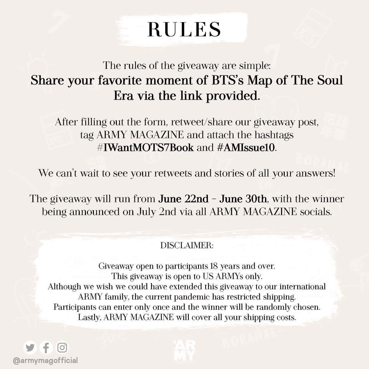 ARMYMAGofficial's tweet photo. #ARMYMAGAZINE along with @ChironBks, is hosting a giveaway of "MAP OF THE SOUL-7: Persona, Shadow,
& Ego in the World of @BTS_twt".๐
Fill the form to enter the giveaway #IWantMOTS7Book!๐
๐https://t.co/egyS72XXfj
#BTS
#AM_Issue10
#๋ฐฉํ์๋
๋จ
#Issue10IsComing
#ARMY_MAGIssue10 https://t.co/fN4lGbzGU9