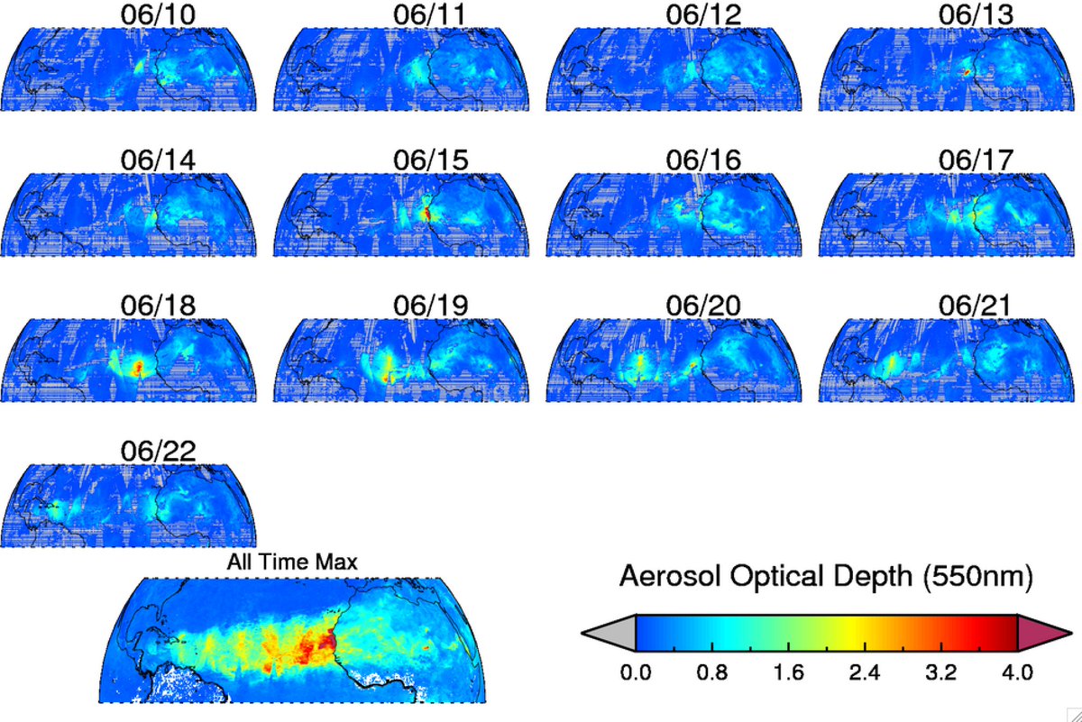 pawanpgupta's tweet photo. #SaharanDust as it travels across #Atlantic, #Aerosols as observed (i.e., Max AODs) by #MODISs @NASAEarthData @SanGasso @AerosolWatch @NASAEarth @NASA_HAQAST @EPAresearch @jksmith34 @DGoldbergAQ @capitalweather https://t.co/aXyLptRyrl