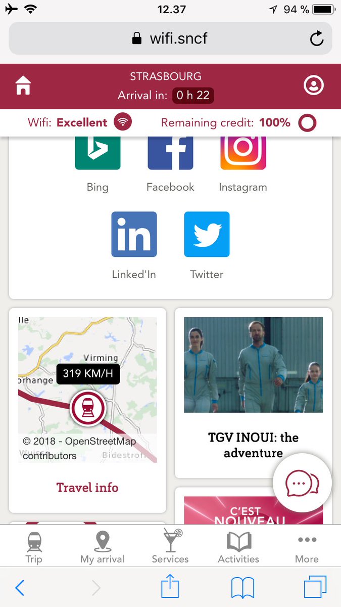 Confirmation of our speed courtesy of  @TGVINOUI WiFi portal. At these speeds it doesn’t take long before we arrive at  #Strasbourg   