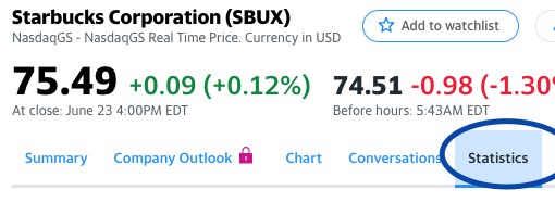 Tom Engle taught me to build positions in great growth stocks at "better and better value points" over timeHere's how to do it:Say I wanted to gradually build a position in  $SBUX from scratch1) Pull it up in Yahoo Finance. Click on "statistics"