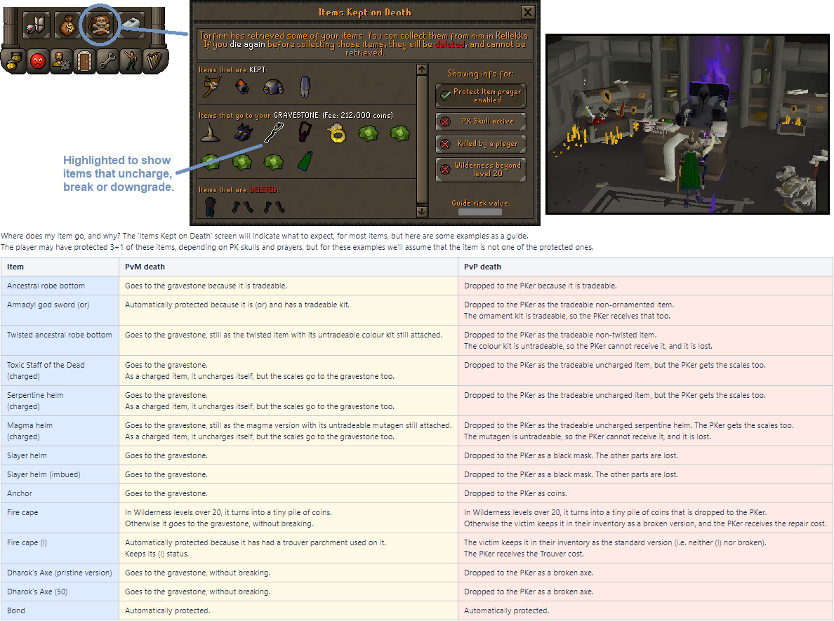 JagexAsh's tweet image. The death rework lands tomorrow - see secure.runescape.com/m=news/gielino… for info.
Items have had a LOT of different behaviours over the years; that's still the case, so the 'DeathKeep' screen's being revamped to give more info than before. Including buttons to simulate deep Wildy / PvP.