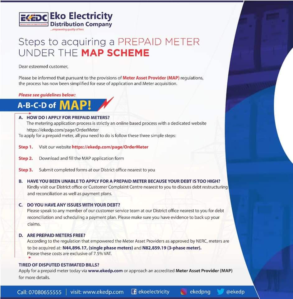 @BEDCpower you can learn and adopt the eko electricity template for meter distribution. Introducing an easier approach for meter application and acquisition to address the following issues: How to Apply for a prepaid meter Debt restructuring, reconciliation and payment plans
