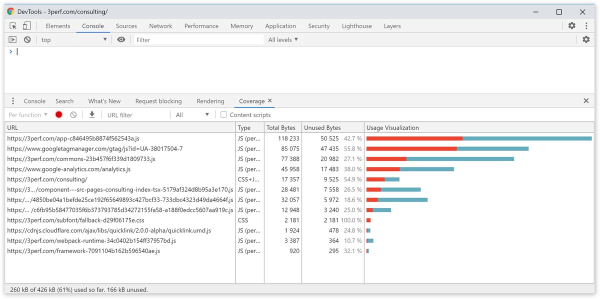10) Want to see if you’re doing code splitting well enough?Go to your app. Then, open DevTools → Ctrl/⌘+P → Coverage → "Start instrumenting...".You’ll see how much of your CSS and JS has been actually used for rendering the page: