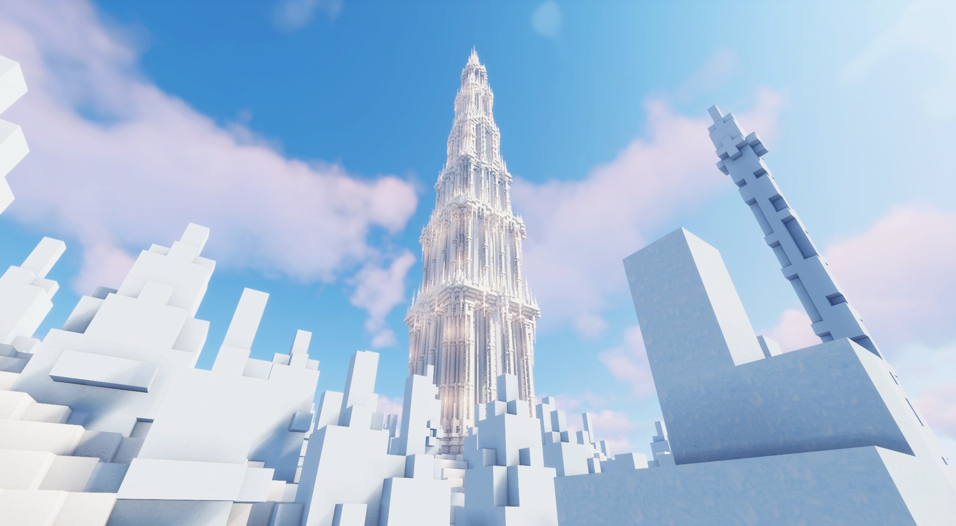 Twitter 上的 Yuki Yuzora マインクラフト巨大建築制作中 白城 しろしろ 世界 進捗 1 白城世界用のパーツ 塔 の建築が出来たので 別ワールドで画像撮ってみました バニラなら樹氷のバイオームが一番好きです Minecraft マインクラフト 白城世界