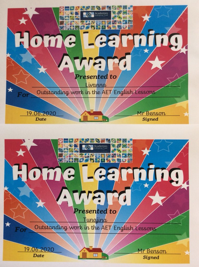 We continue to be amazed by the effort our virtual home learners are putting into their online learning. Every week, Doodle and STAR certificates are awarded alongside Dojos. This week, we had another award for outstanding work in the live English lessons.
#aetacademies #oneAET