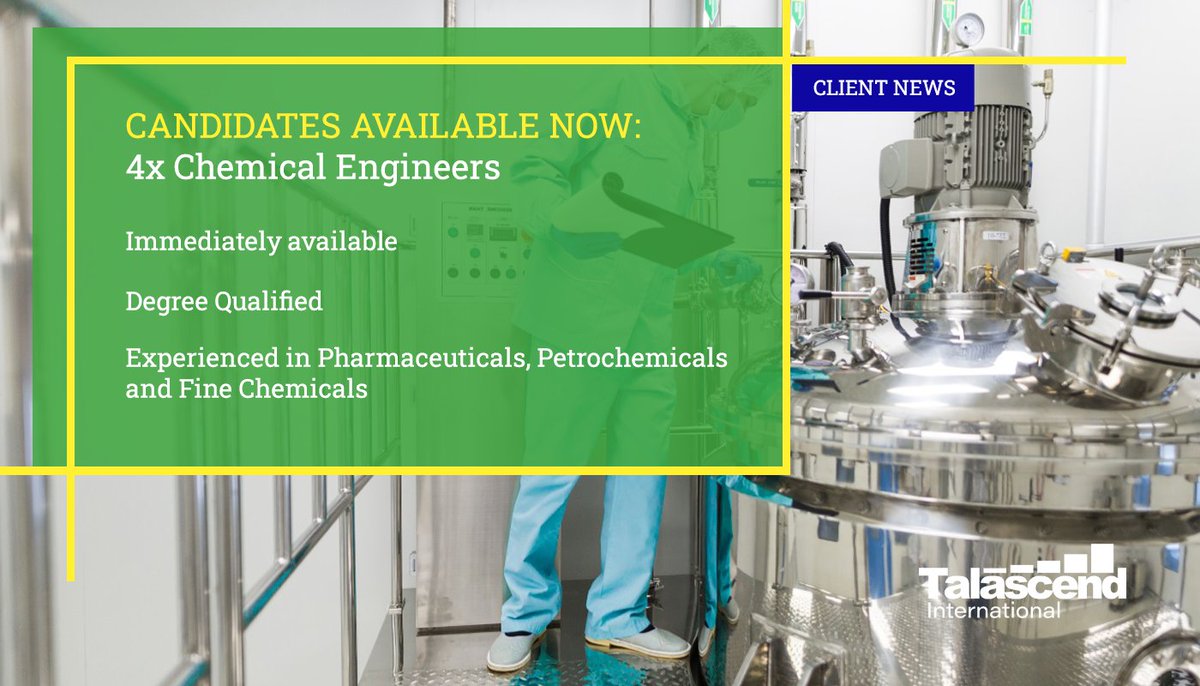 TalascendInt's tweet photo. CHEMICAL ENGINEERS READY FOR NEW PROJECTS

We have a Team of 4 experienced Chemical Engineers who are available immediately for new projects. 

If you're looking for new talent to join your team, get in touch with Giovanni Mazzella today -  Giovanni.Mazzella@talascendint.com. https://t.co/bNmmZbdzYe