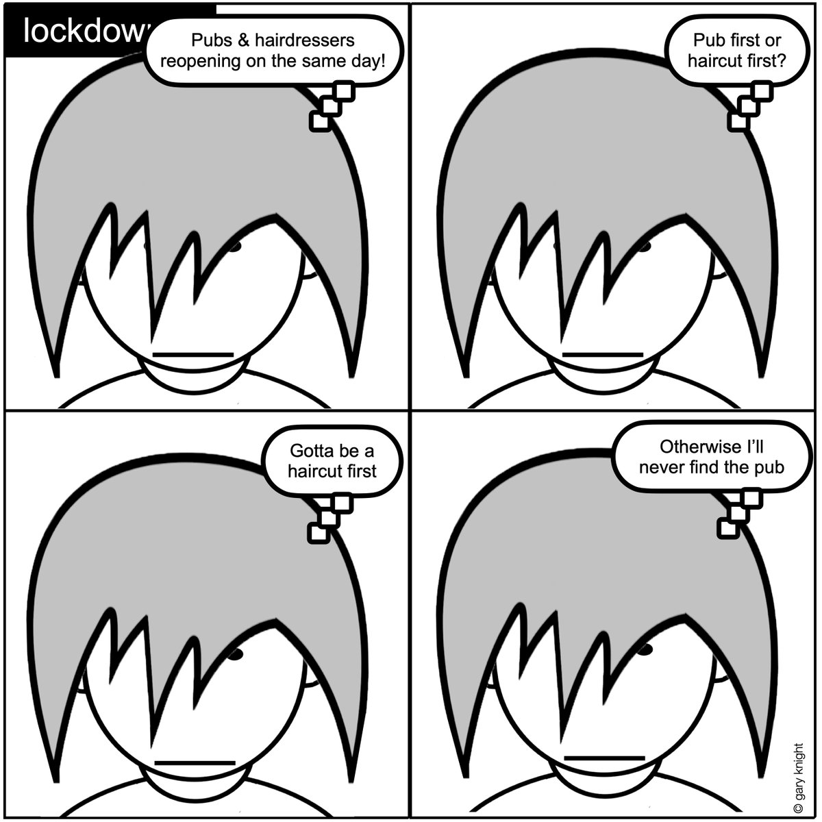garylebone's tweet photo. Pubs & hairdressers reopening. Which one first?
#lockdowner #lockdown #lockdownlife #coronavirusuk #lockdownuk #comics #comicstrips #Covid19UK #QuarantineLife #ComicsForQuarantine #humour #cartoons #comedy #news #StayAlert #shopsreopening #hairdressers #pubs #PubsReopening https://t.co/CtdHylrB6U